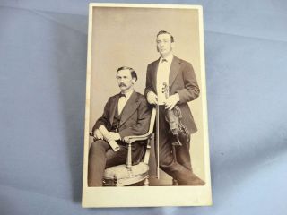 Antique Cdv Photo Of A Man With Violin And Bow And Man With Roll Of Music