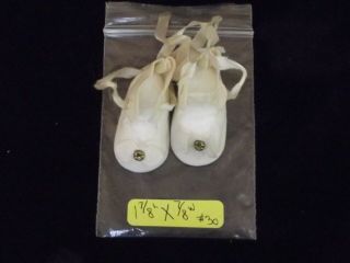 30 Vintage White Suede Tie Front Doll Shoes W/gold Button 1 7/8 " L X 7/8 " W
