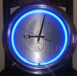 16 " Ducks Unlimited Sign Neon Clock Blue & Silver Rare Hard To Find Model