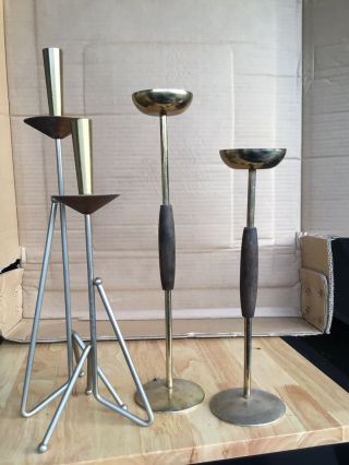 Mid Century Modern 50s Wood and Brass Cup Candle Holders Pillar Retro Vintage 2