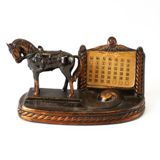 Bronze Metal Horse Table Top Calendar W/ Paper Inserts | Antique
