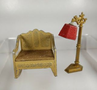 Vintage Tootsietoy Metal Rocking Chair & Lamp
