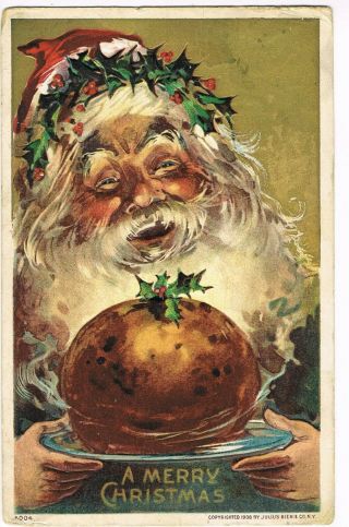 Antique Embossed Christmas Postcard Santa Claus Holding Tray Of Plum Pudding