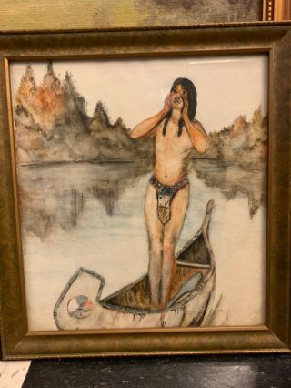 Antique American Western Painting Indian Canoe River Mountains