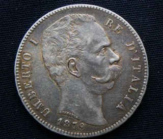 1879 Italy Kingdom Rare Silver Coin 5 Lire Vf