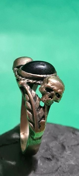 Antique Gold - Plated Victorian Silver Ring Memento Mori With Skull And Stone