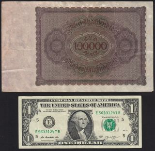 1923 100000 Mark Germany Vintage Paper Money Banknote Currency Bill Antique VF 2