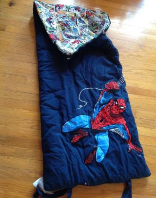 Pottery Barn Kids Marvel Spiderman Heroes Quilted Blue Sleeping Bag Rare