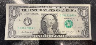 $1 Bill 2013 Star Note - Very Rare Low Run Serial Number 00472360