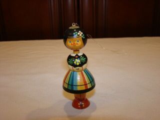 Rare Vintage Hand Made Wooden Girl Christmas Ornament Made In Poland