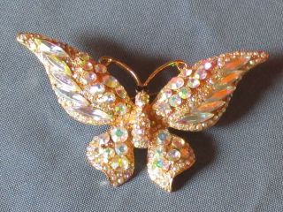 Vintage Gold - Tone Metal Aurora Borealis Rhinestone Large Butterfly Pin Brooch