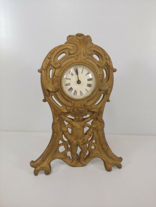 Antique West Clox Angel Faux Brass / Bronze Mantle Wind - Up Clock -