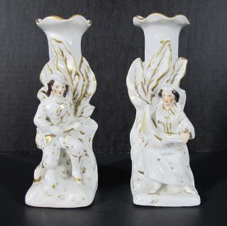 Antique Late 19th C Staffordshire Figural Man &woman Blank Back Candlesticks Yqz