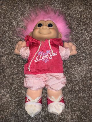 Vintage Russ Troll Kidz I Love You Plush Doll 90s Pink Hair Hoodie & Shorts