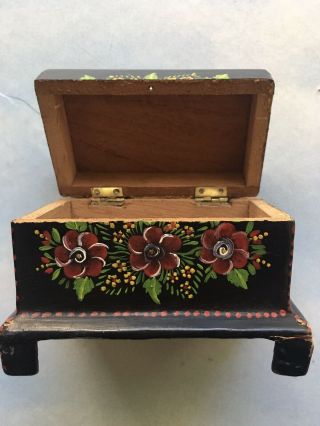 Vintage Rustic Folk Art Hand Painted Wooden Box Jewelry Footed Small Trinket Box