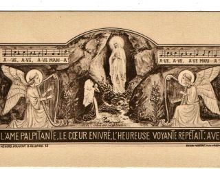 Antique Holy Card To Our Lady Of Lourdes With Harps & Angels - Ave Maria