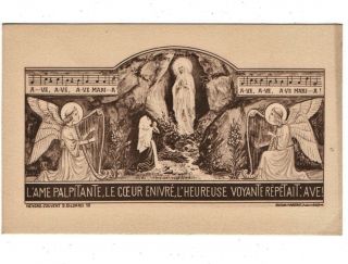 ANTIQUE HOLY CARD TO OUR LADY OF LOURDES WITH HARPS & ANGELS - AVE MARIA 2