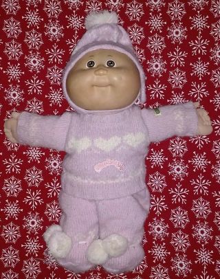 Vintage 1985 Cabbage Patch Kids Bald Baby Boy Brown Eyes & Blue Sweater Outfit
