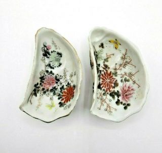 Set Of 2 Antique Porcelain Oyster Shell Shaped Hand Painted Dish