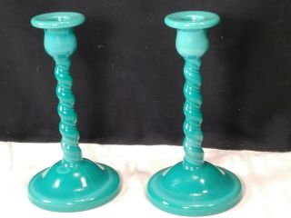 Rare Tiffin Glass Opaque Turquoise Slag Twisted Candlesticks 66