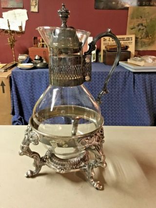 Vintage Silver Plated & Glass Coffee Carafe Pot With Ornate Warmer Stand
