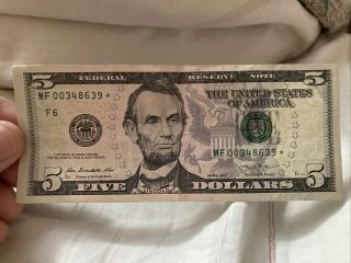 $5 Dollar Bill Star Note Series 2013,  Very Rare, .  Mf 00348639