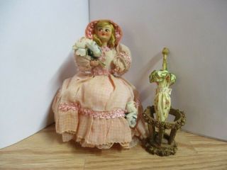 Vintage 5” French German ? Dollhouse Doll Bisque Head Umbrella And Stand