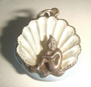 Rare Old Vintage Silver Lucky Pixie & White Enamelled Shell Charm