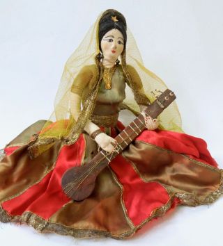 Vintage Middle Eastern Cloth & Wood Tanbur/tanboor Lute Player Folk Art Toy Doll