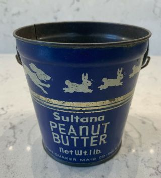 Vintage Sultana Peanut Butter Tin Pail W/ Dog And Rabbit Design - Very Rare