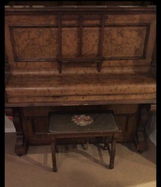 Brown Upright Piano With Hand Sewn Antique Bench