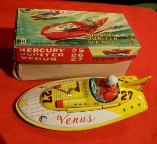 Tin Friction Speed Boat Toy Vintage " Venus " 27 Rare Yellow Japan Box