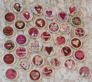10 Assorted Primitive Farmhouse Valentine 1 1/4 Inch Metal Rim Hang Tags Ornies