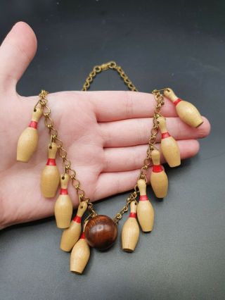 Vintage 1940s Rare Novelty Bowling Ball Wood Necklace