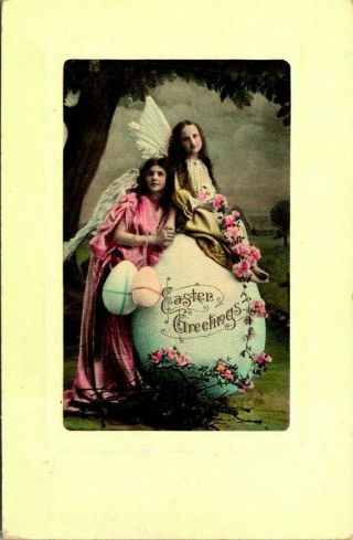 Antique Postcard Easter Greetings Two Girls As Angels Eggs Flowers