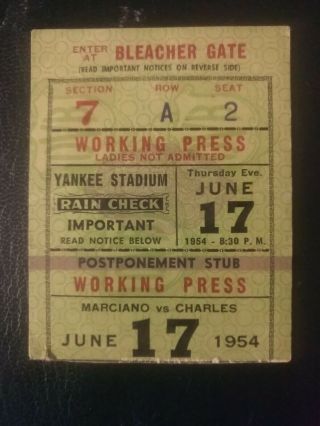 Rare On Site Press Ticket Rocky Marciano Vs Ezzard Charles 1954,