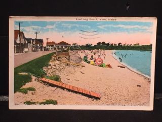 Antique Postcard,  York,  Me. ,  Long Beach & Street,  Lifeguard Huts,  C1936
