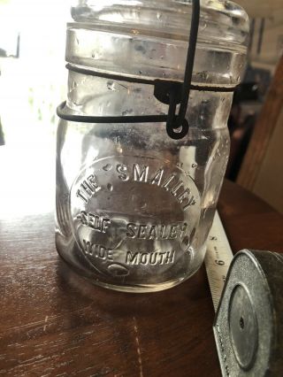 Rare Antique The Smalley Self Sealer Wide Mouth Fruit Mason Jar With Lid Wire
