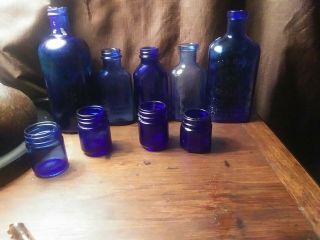 9 Vintage Cobalt Blue Bottles,  Medicinal,  Antique