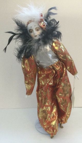Vintage Harlequin Porcelain Doll With Stand 17”
