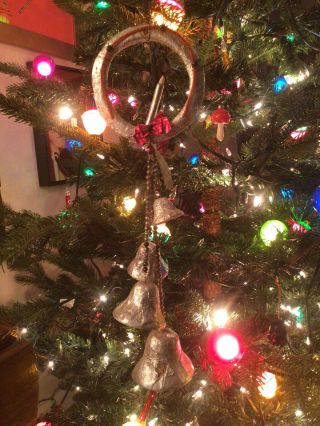 Antique Christmas Ornament Tinsel Foil Leaves Bells Tin Depression Era Wreath