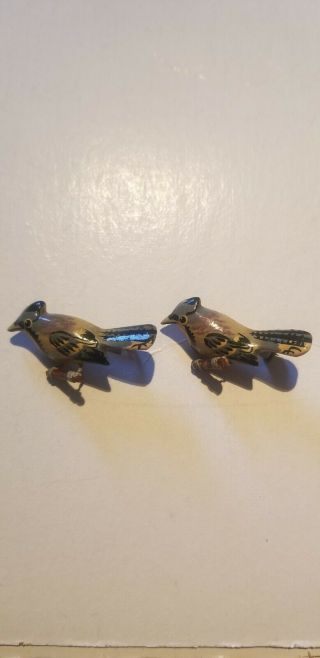 Vintage Hand Crafted,  Carved And Painted Bluejay Pins Set Of (2).
