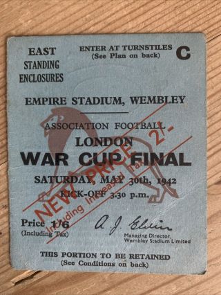 Rare 1942 London Fa War Cup Final Ticket Brentford V Portsmouth