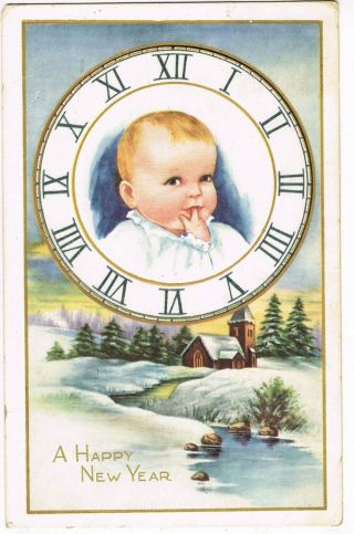 Antique Year Postcard (whitney Made) Infant,  Finger In Mouth,  In Clock