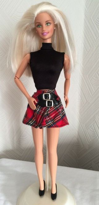 Vintage 1990s Barbie Tartan Skirt,  Black Top And Black Shoes.  Doll Not