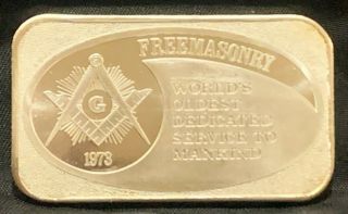 Rare Vintage 1 Oz.  Silver Art Bar: 1973 Freemasonry With The Mason Logo