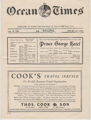 White Star Line Ss Regina " Ocean Times " Paper Rare June 30,  1923