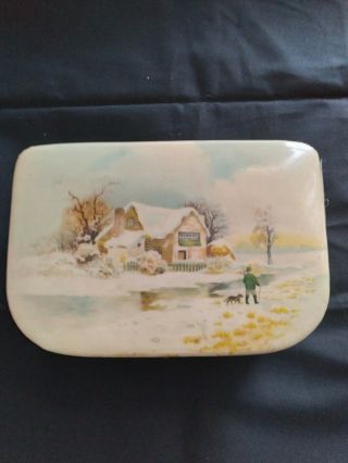 Rare Antique Sewing Box Winter Scene On Top Lid Very Detailed.  Floral Paper
