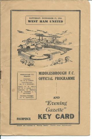 Rare Official Middlesbrough V West Ham United 17/11/56 1956/57 Season