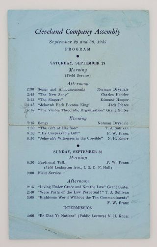 Rare 1945 Convention Program With Bro N.  H.  Knorr And Franz Watchtower Jehovah